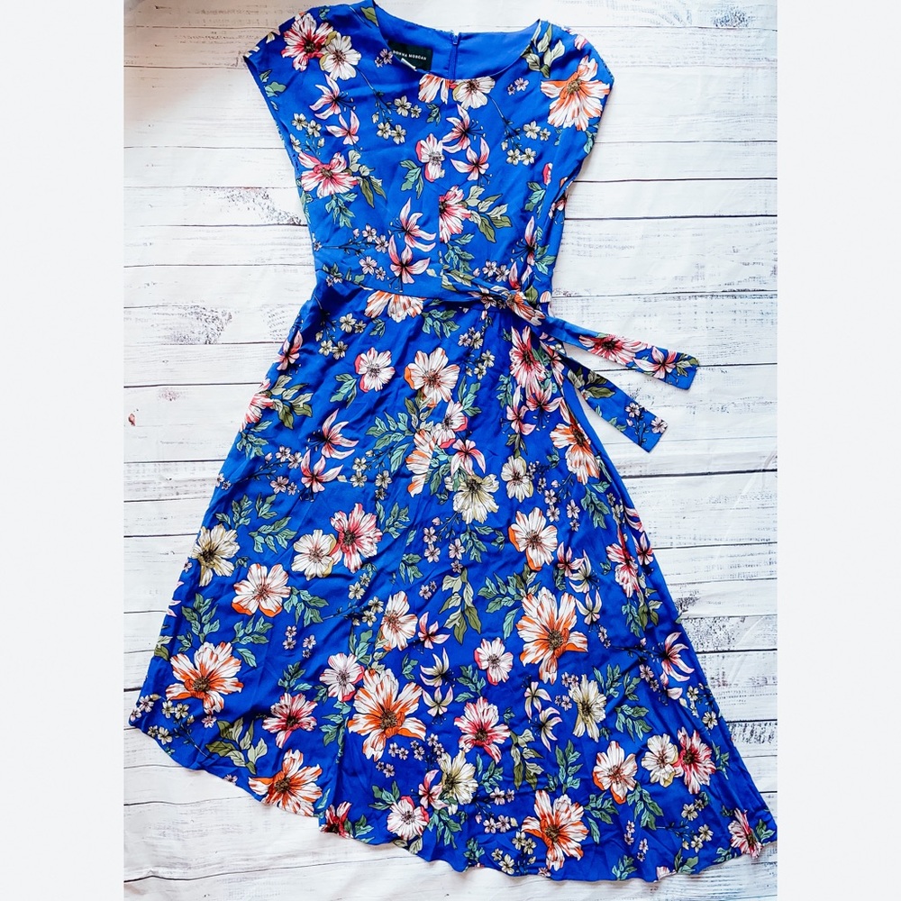 Donna Morgan Blue Floral Asymmetrical Midi Dress - Women’s Size 4
